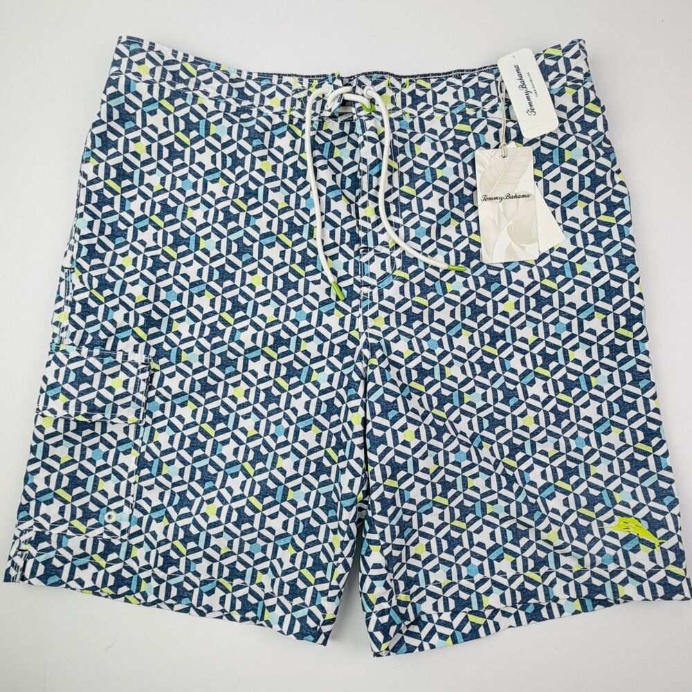 Tommy Bahama Swim Trunks Large Blue Geometric Print Lined NWT